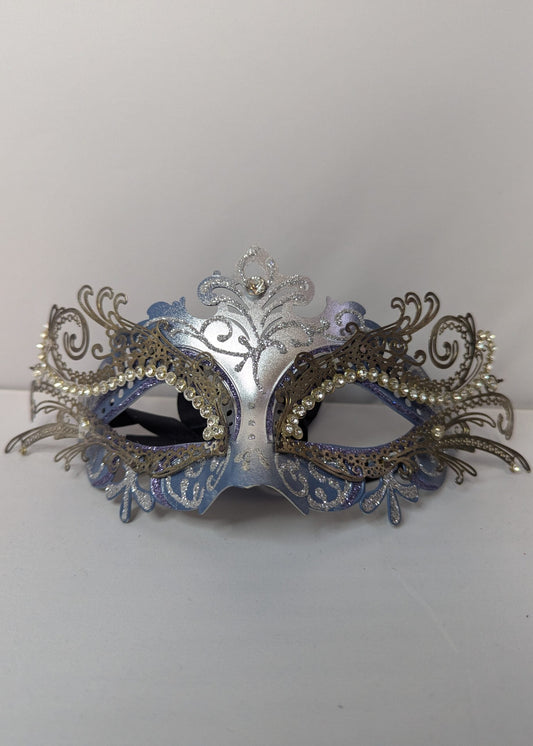Steel Blue and Silver Laser Cut Metal Masquerade Mask image 0
