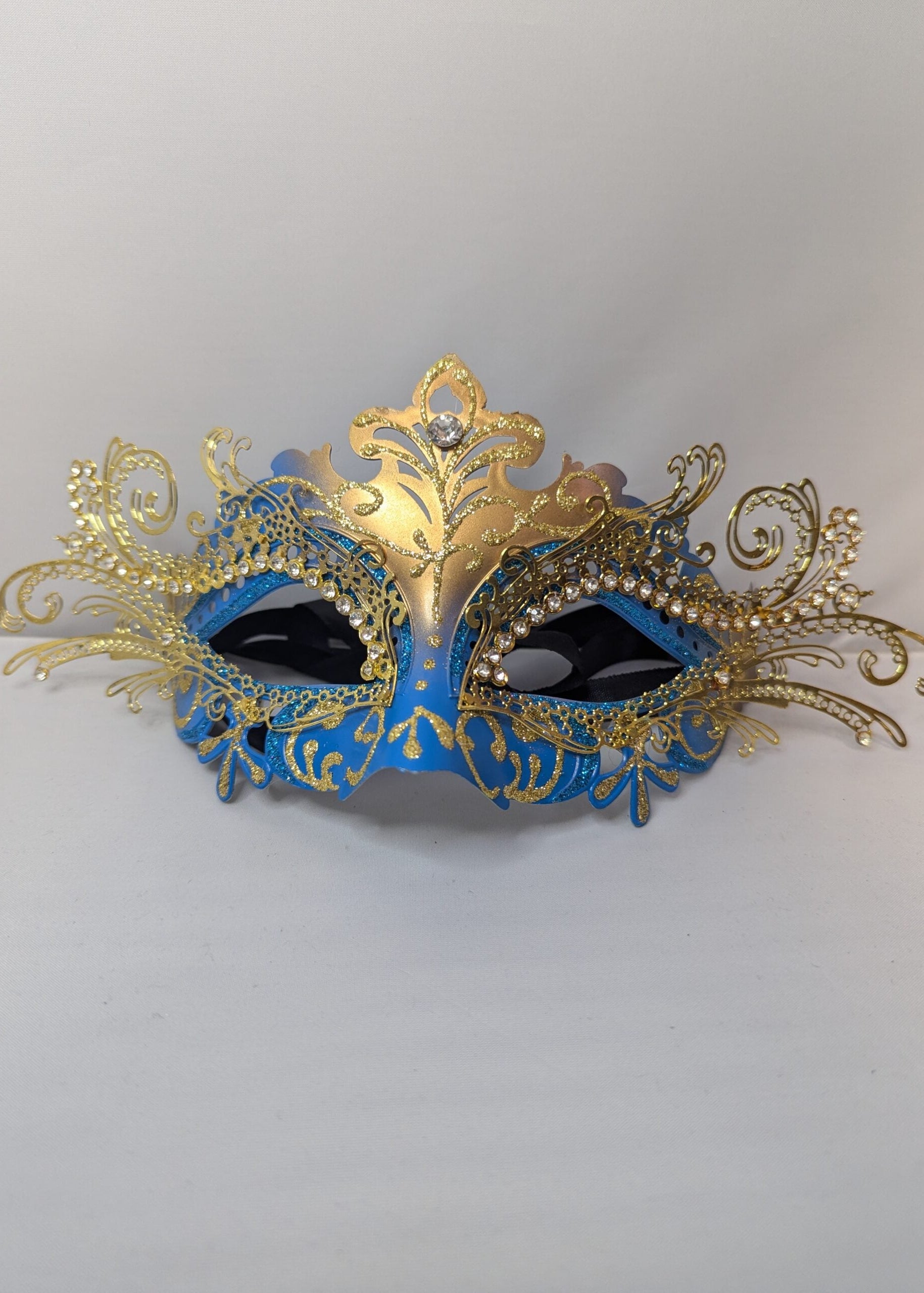 Aqua Blue and Gold Laser Cut Metal Masquerade Mask image 0